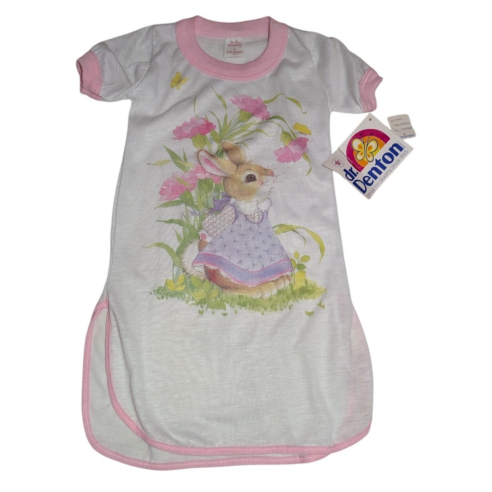 Retro Dr. Denton Sleep Gown Toddler 2 White Pink Bunny Rabbit Floral Vintage NWT